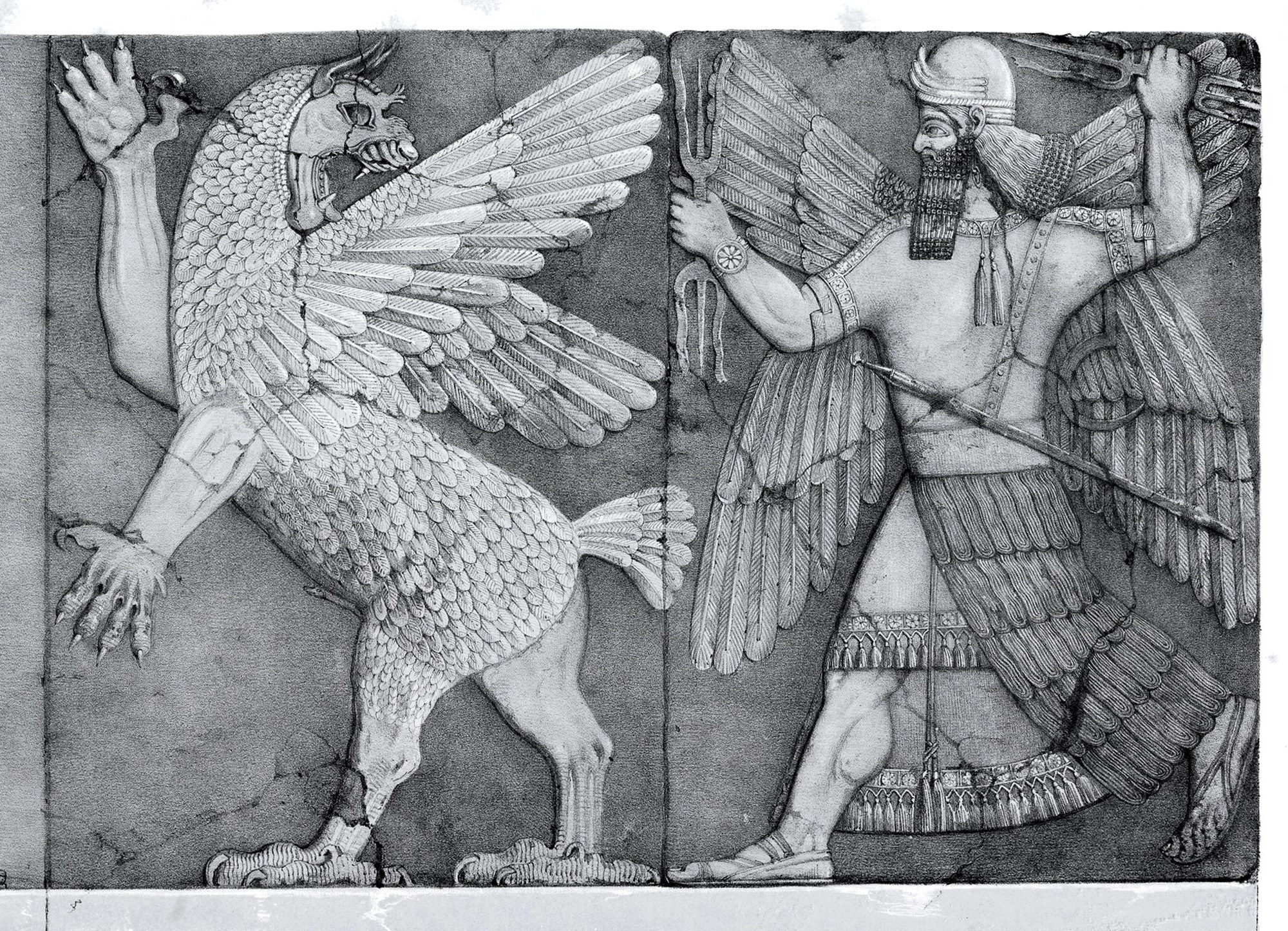 A 19th-century line engraving of a Neo-Assyrian palace relief: at right a bearded, winged warrior-god in a horned helmet strides forward, raising a weapon overhead and holding a bow, pursuing at left a winged, lion-headed and horned monster that flees with clawed hands thrown up.