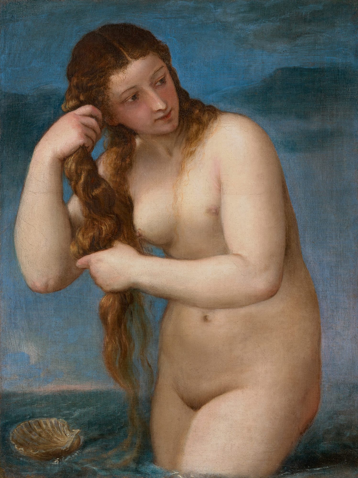 A nude Aphrodite risen waist-deep from a grey-blue sea, wringing the water from the long rope of her hair as she looks aside, a scallop shell adrift on the swell beside her.