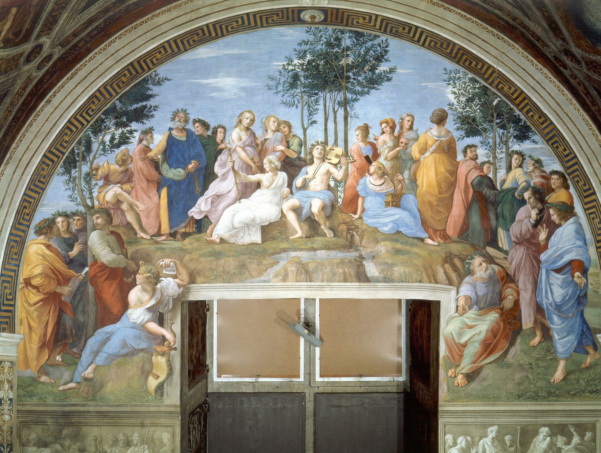 Raphael's fresco The Parnassus: Apollo seated at centre on Parnassus playing a stringed lyre, surrounded by the nine Muses and the great poets of antiquity, beneath a vaulted sky.