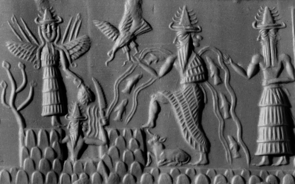 Rolled-out impression of an Akkadian cylinder seal: a file of standing deities identified by their many-horned crowns — the winged goddess Ishtar at left, the sun-god Shamash rising through the mountains at centre, and at right the god Ea (Enki), lord of the sweet-water deep, with streams of water and fish flowing from his shoulders, his two-faced vizier Usimu beside him.