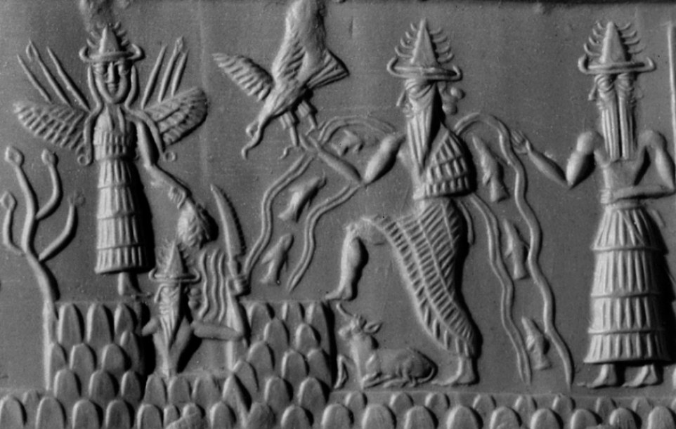 A modern grey clay impression rolled from an ancient Akkadian cylinder seal: four horned deities across a rolled-out frieze. At centre-right the water-god Ea (Sumerian Enki) strides forward with one foot raised on a mountain, two streams of water full of small fish flowing down from each shoulder; his two-faced vizier Usimu stands at the right edge, the winged goddess Ishtar at the far left, and the sun-god Shamash cuts through the mountains between them.
