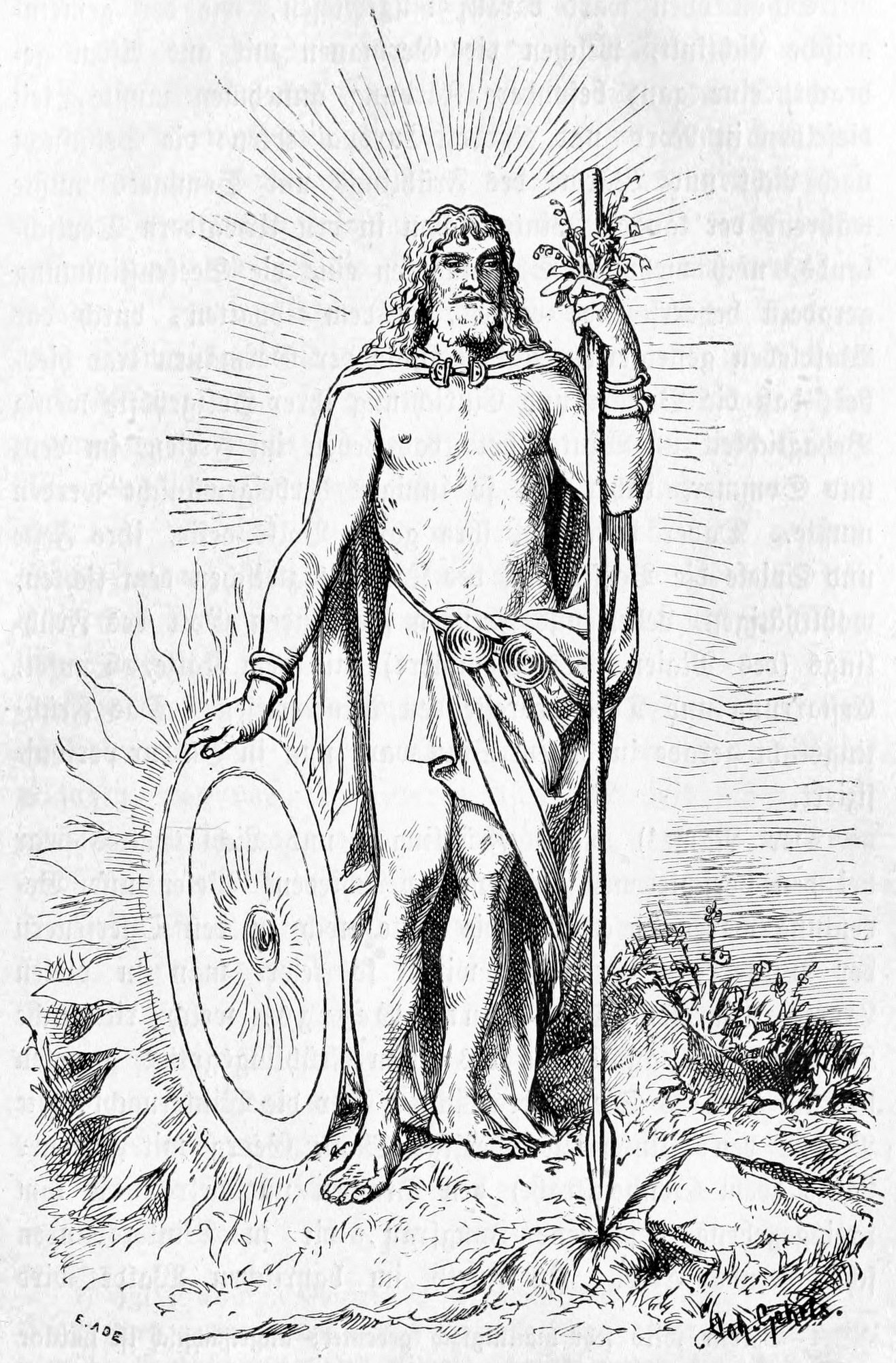 An 1888 illustration of the shining god Baldr, fair-haired and armed, standing in the hall of Walhall.