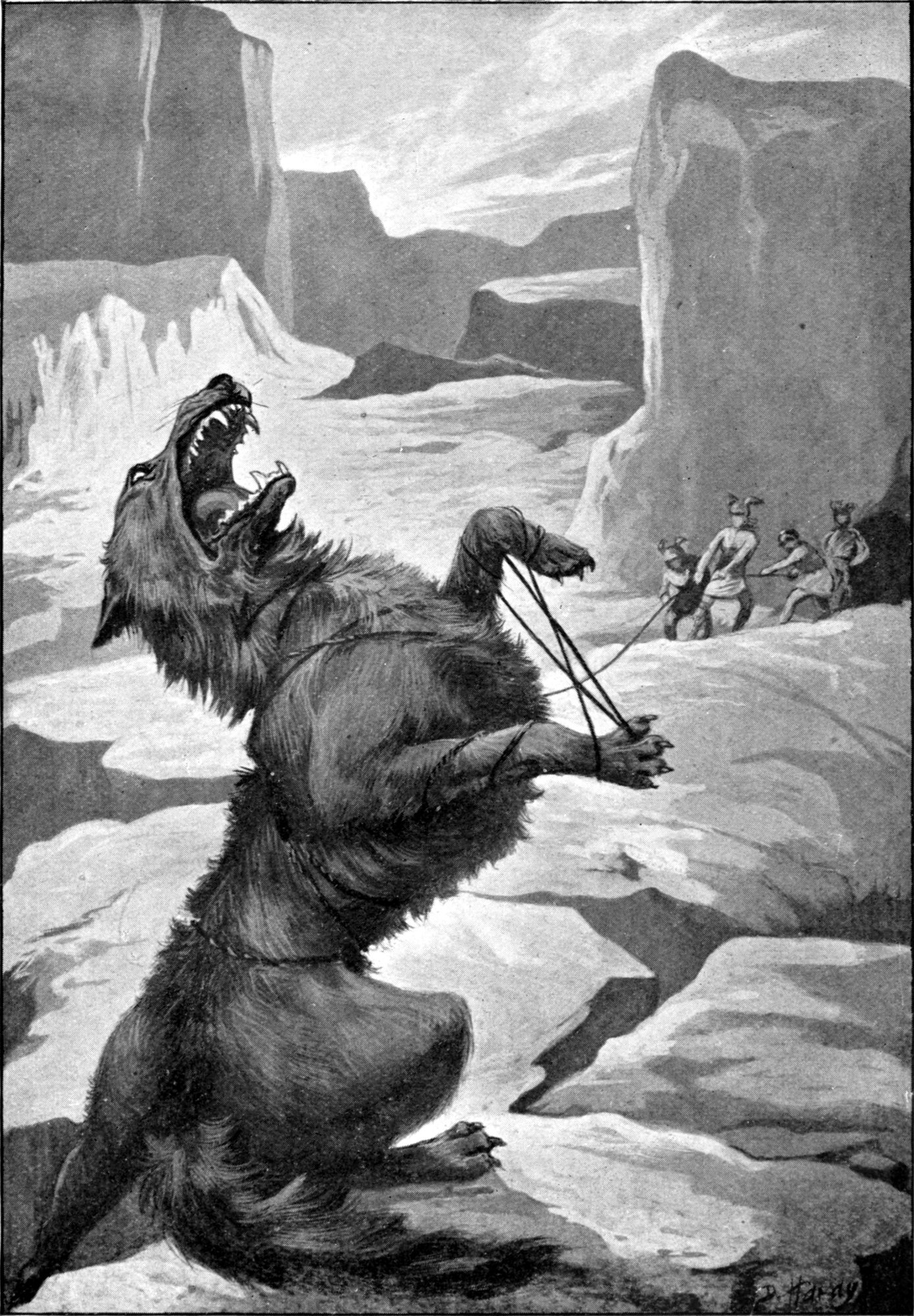 A monochrome wash drawing of the binding of Fenrir: the great wolf's jaws gaping wide around the god Týr's outstretched hand as the unbreakable fetter holds.