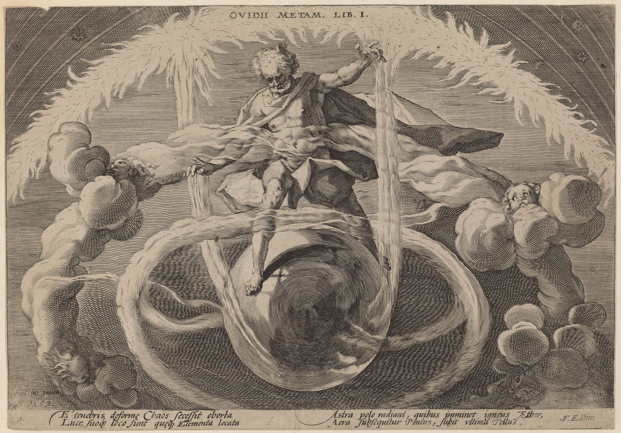A luminous creator-figure sits enthroned at the centre of the newborn cosmos, arms outspread to draw the concentric spheres of the world out of formless Chaos, while personified winds and elements billow in the four corners — an engraved frontispiece to Ovid's Metamorphoses Book I