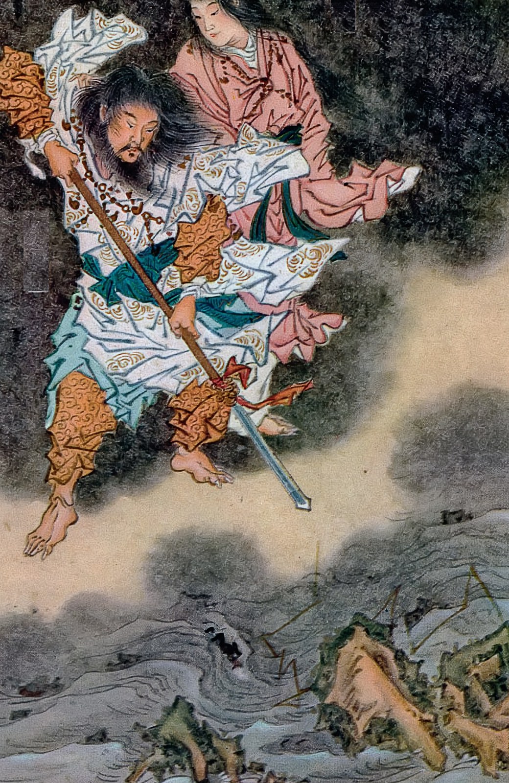 Japanese painting of the two creator deities afloat on cloud above a swirling sea. Izanagi, wild-haired and bearded in a white robe patterned with gold clouds, leans forward and grips the long heavenly jewel-spear in both hands, thrusting its blade down into the brine; Izanami, in a pink robe with long black hair and lowered eyes, stands close behind him. Below, rocky islets rise congealing out of the churning water.