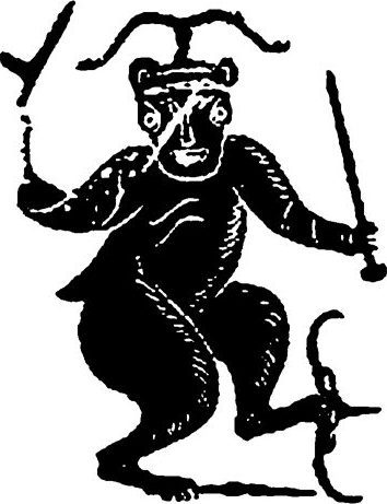 Black line image of the war-monster Chiyou as a horned, shaggy hybrid figure standing frontally, a blade brandished in each raised hand and a third weapon planted point-down at his side, with a long tail and clawed hoof-like feet, on a plain white ground; a rendering of a Han-dynasty stone-relief motif.