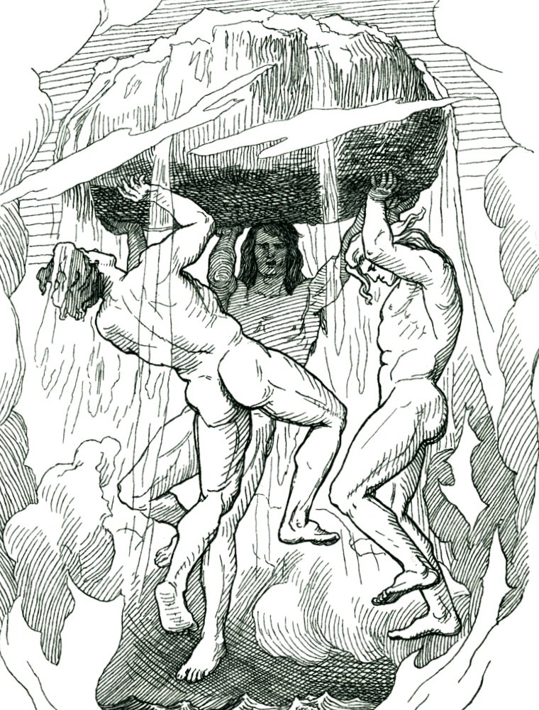 Line engraving of the three nude sons of Bor — Odin, Vili and Ve — straining upward to raise the vaulted mass of the slain giant Ymir's body into the sky-dome above them, standing on rocky ground over waves with mist and flame swirling at either side.