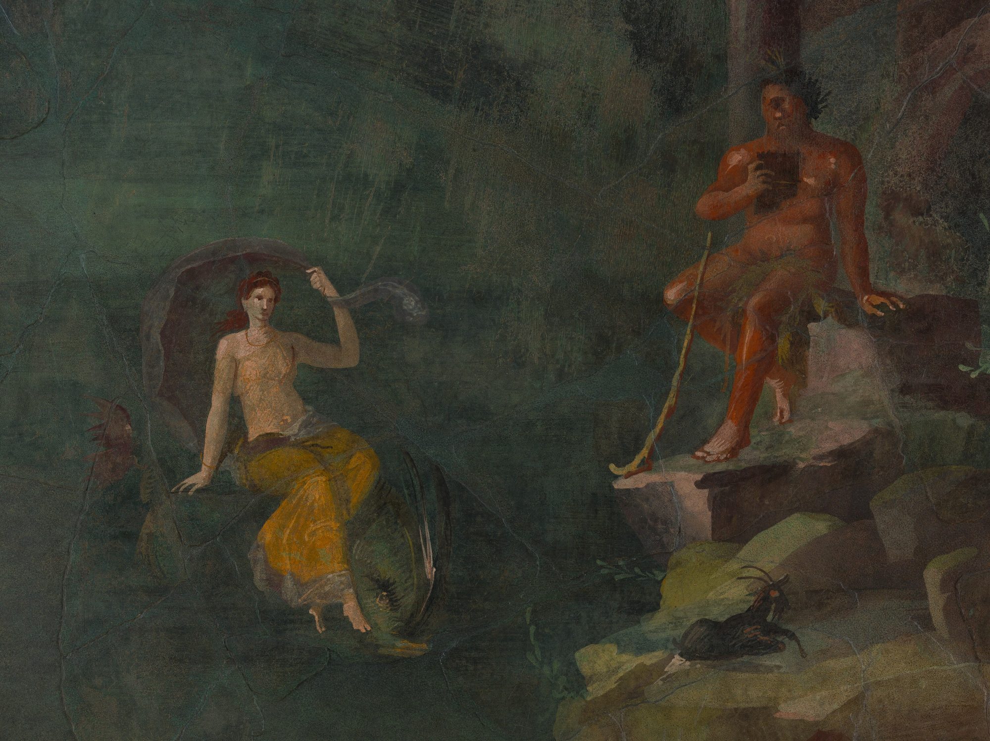 A Roman fresco in the Third Style: the Cyclops Polyphemus, a giant seated in a landscape, receives the cup of wine as the sea-nymph Galatea rides a dolphin across the sea at the panel's edge, under a violet-blue sky.