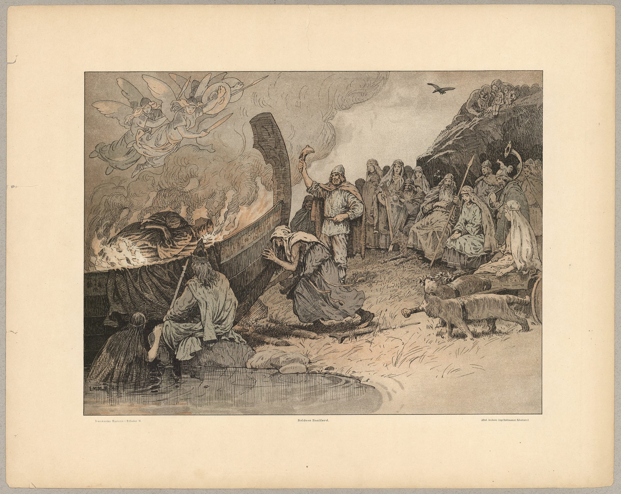 A colour lithograph of Baldr's ship-pyre funeral: the dead god laid on his burning ship, mourners gathered on the shore as flames and smoke rise.