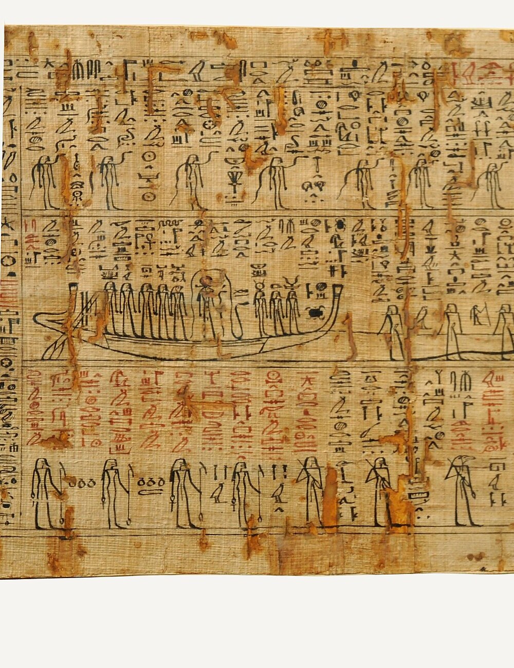 An ancient Egyptian funerary papyrus of the Book of the Amduat, its central register showing the sun-god's night-bark crewed by a file of standing gods, with columns of black-and-red hieroglyphs and rows of processional deities above and below.