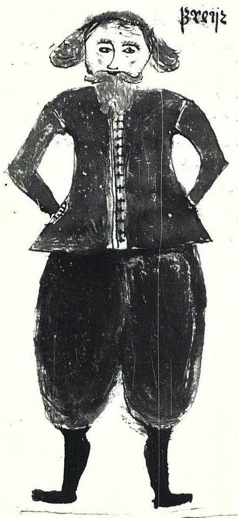 A naïve 17th-century Icelandic manuscript drawing of the Norse god Freyr as a bearded, long-haired man standing frontally with his hands on his hips, wearing a buttoned dark tunic, wide breeches and boots, his name "Freir" inscribed in the upper-right corner.