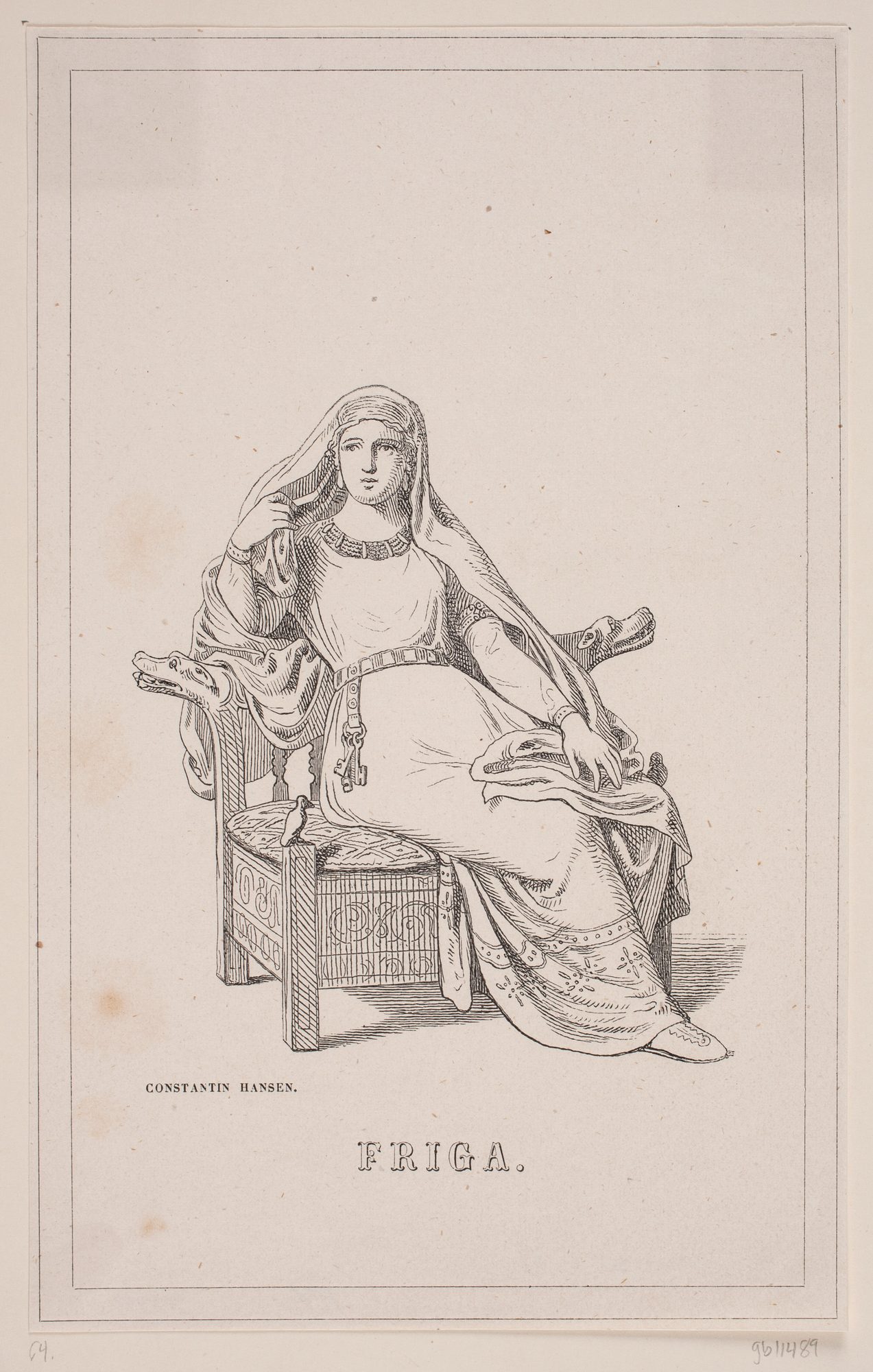 A 19th-century print of the goddess Frigg as a crowned queen, standing full-length in flowing robes, a distaff in one hand.