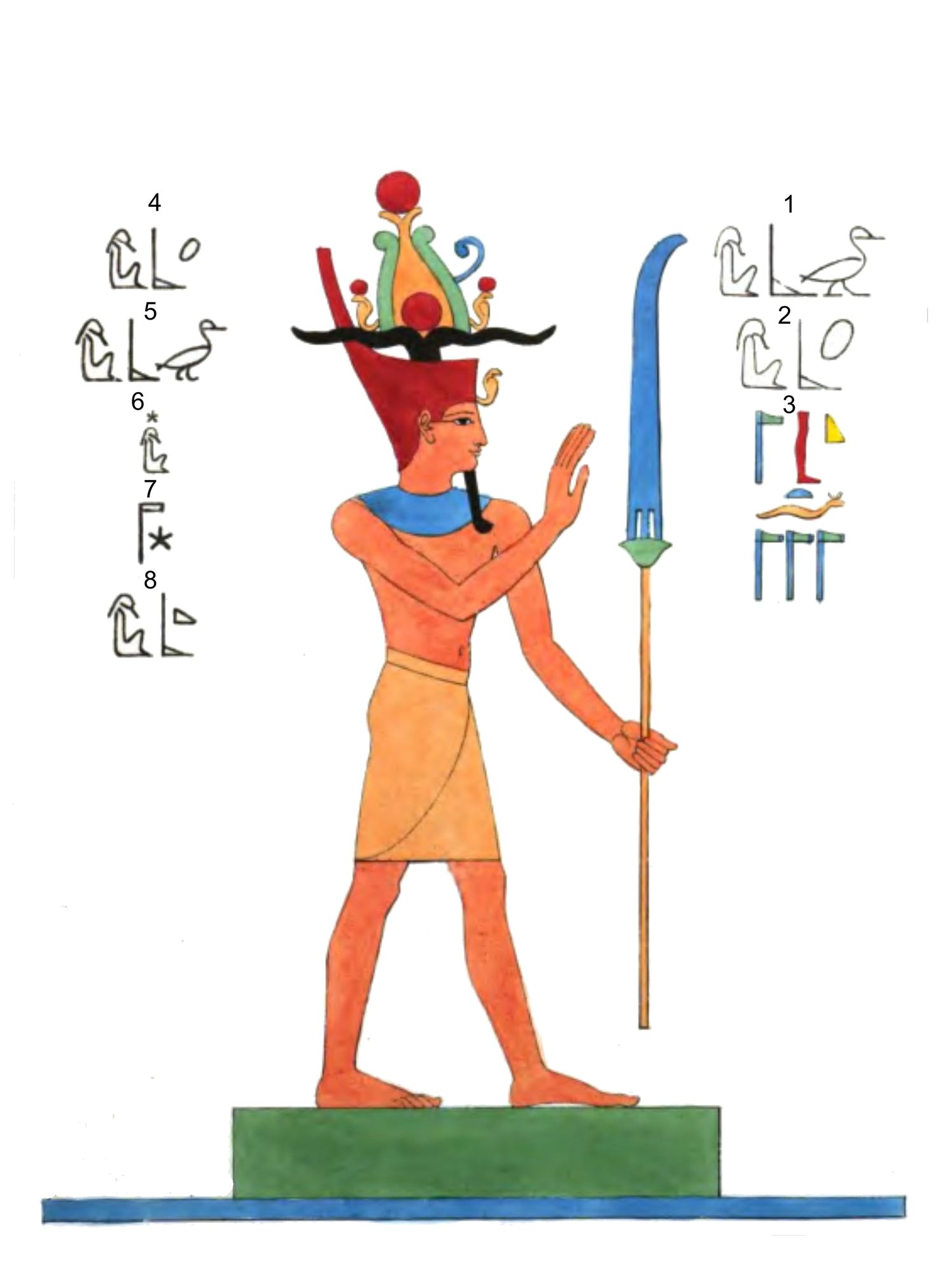 A hand-coloured lithograph plate of Geb (Sèb), the earth god, enthroned and crowned, from Champollion's Panthéon égyptien.