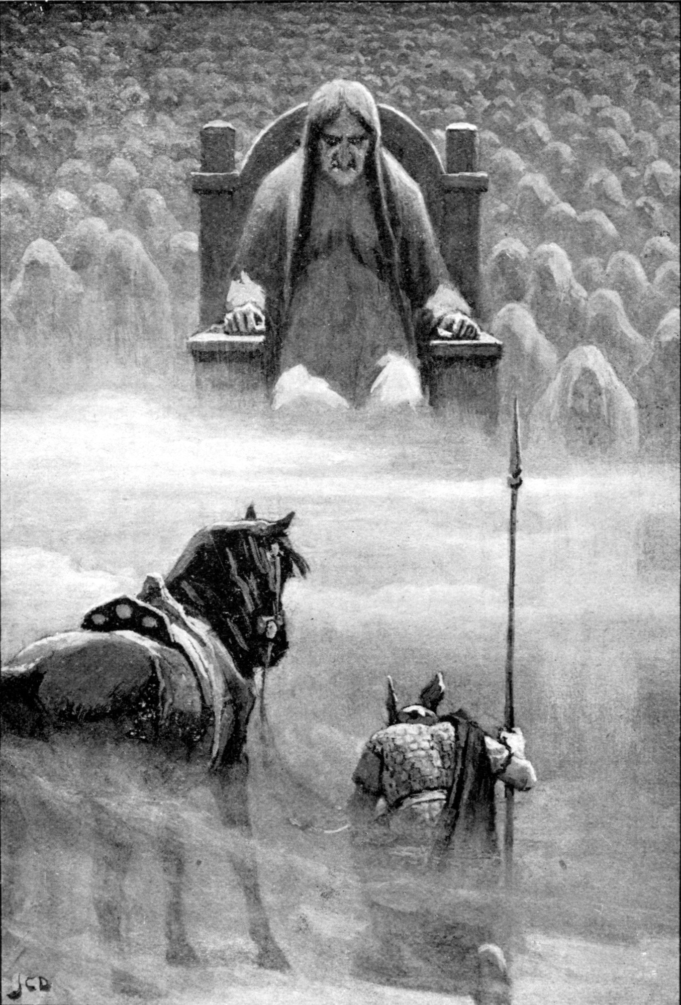 Hel, grim and stern-faced, enthroned on a stone high-seat in the misty dark of her realm, both hands gripping the throne-arms, ranks of the shrouded dead receding behind her; below, Hermóð the Nimble kneels before her with his spear, having dismounted from Odin's dark horse Sleipnir.