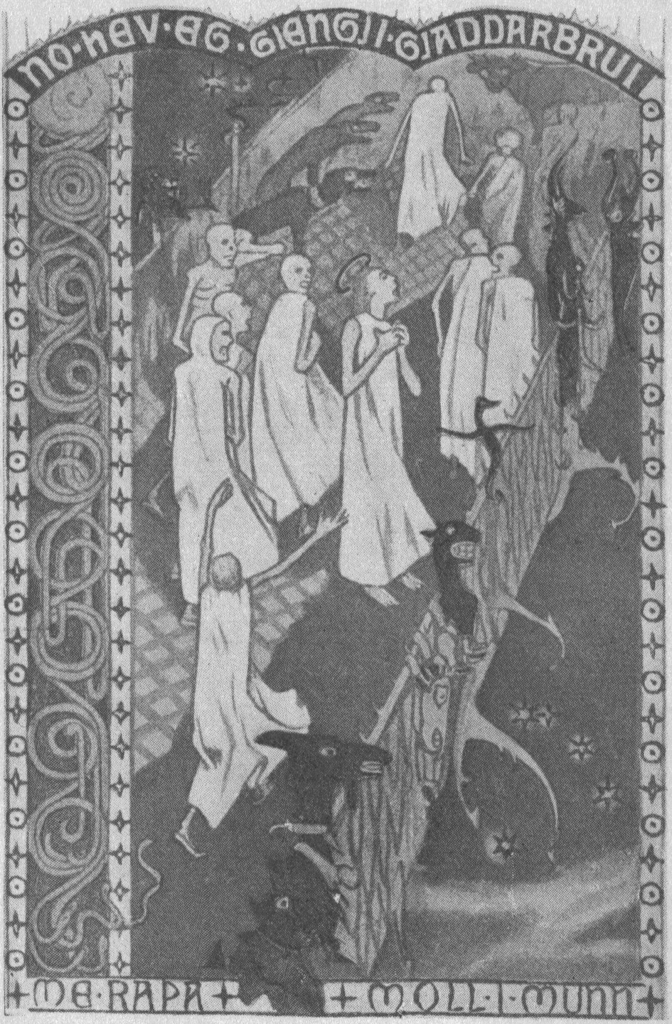 A tall decorative book-plate in the medieval-manuscript manner, worked in grey monochrome and framed by borders of interlaced serpents. A file of pale, shrouded dead climbs a narrow ledge toward a bridge at upper right, led by a haloed figure; dark horned beasts crouch in the shadowed lower reaches. A runic banner across the top reads 'NO HEV EG GJENGJI GJADDARBRUI' ('Now I have crossed the Gjallar-bridge').