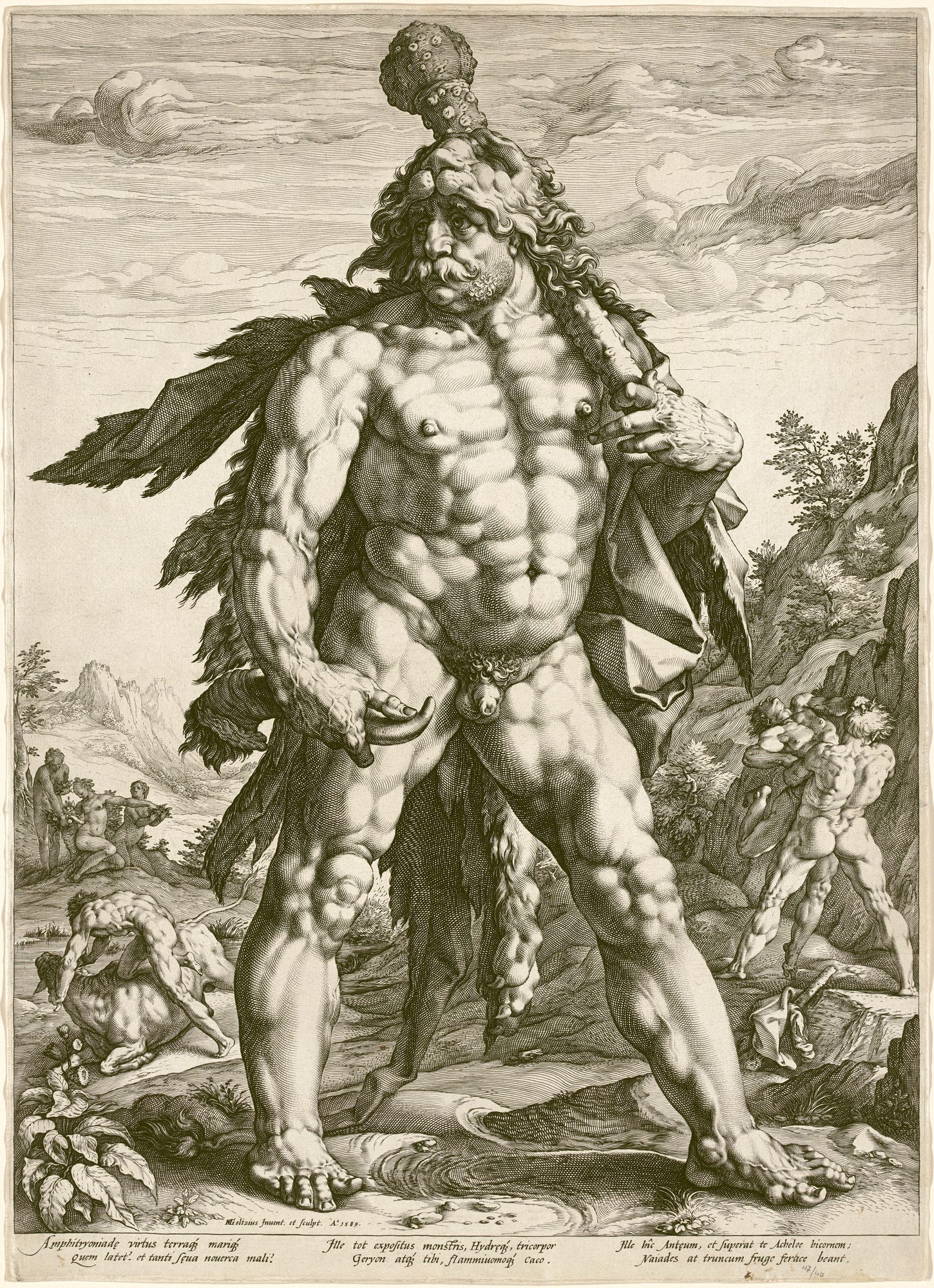 An engraving of a colossal, heavily muscled Hercules standing frontally, the Nemean lion-skin worn as a hood over his head and draped down his left side, the knotted olive-wood club resting over his right shoulder; small background vignettes show his combats with Antaeus, Cacus and Achelous in a classical landscape.