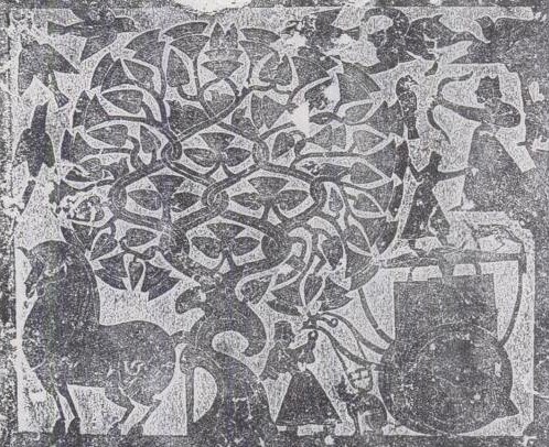 Ink rubbing of an Eastern Han stone relief from the Wu Liang Shrine — the great Fusang mulberry at centre with the sun-crows perched in its branches, the archer Yi at upper right drawing a bow up into the tree, and the solar goddess Xihe with a dragon-horse chariot below.