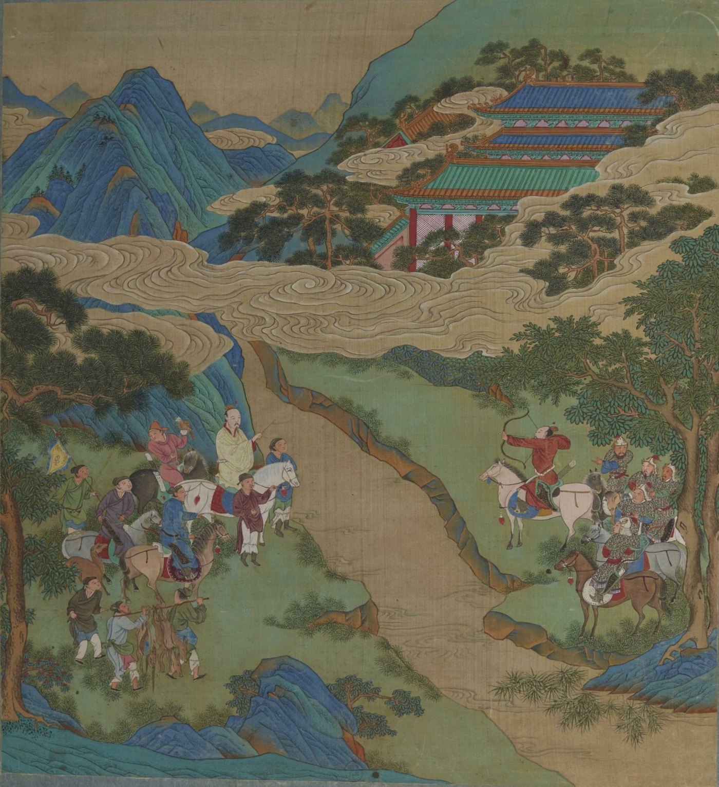 A blue-green silk painting: the archer Yi on a white horse drawing his bow, ringed by armoured horsemen, with a falconing party at left and a palace set among mountains beyond