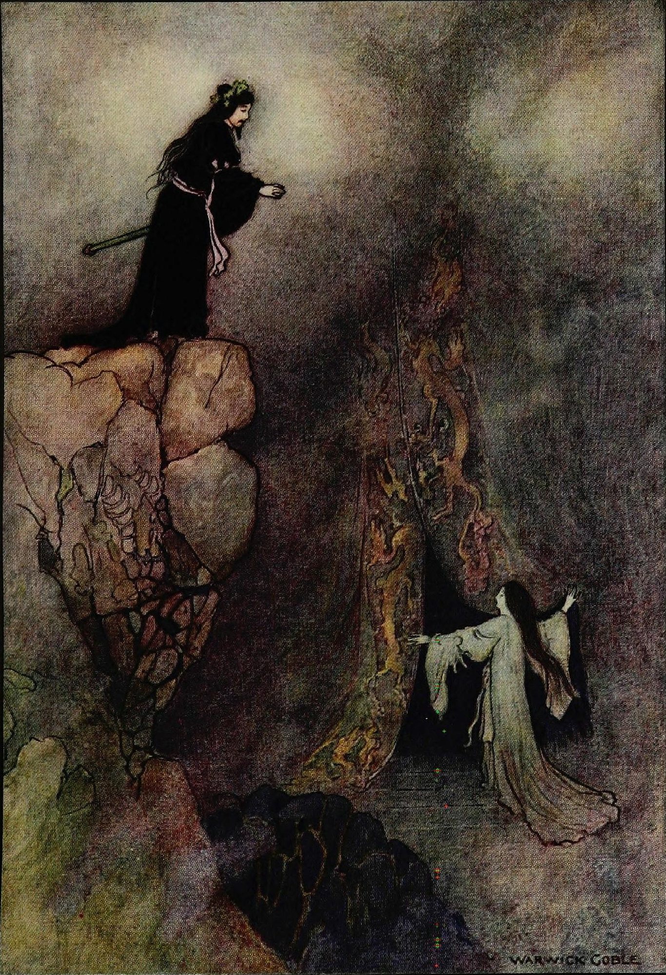 A dark, misty underworld chasm. At the top of a rocky crag on the left, Izanagi stands in a long black robe with a sword at his hip, looking down; at the lower right a pale, white-robed woman with long streaming hair, Izanami, rises from the fiery dark of Yomi with her arms flung up toward him, spectral shapes and flame climbing the rocks between them.