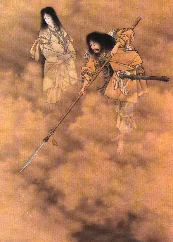 Japanese hanging-scroll painting of the two creator deities standing on cloud above a lone sea-wave. Izanami, at left in a pale robe with long black hair and lowered eyes, stands beside the wild-haired, bearded Izanagi, who leans out and lowers the long jewel-spear so its blade dips toward the water below.