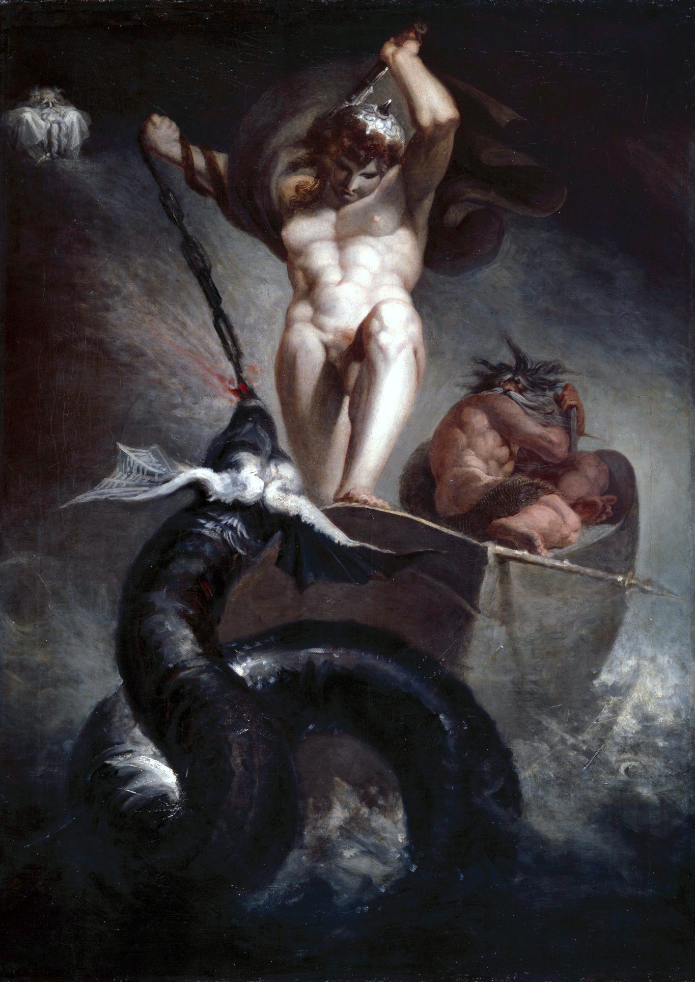 Fuseli's dark oil painting of the muscular nude Thor standing braced on the gunwale of Hymir's boat, his hammer raised high overhead, hauling up the fishing line at whose end the great Midgard-serpent Jörmungandr rears its scaled coils from the black sea below; the red-faced giant Hymir cowers in the stern.