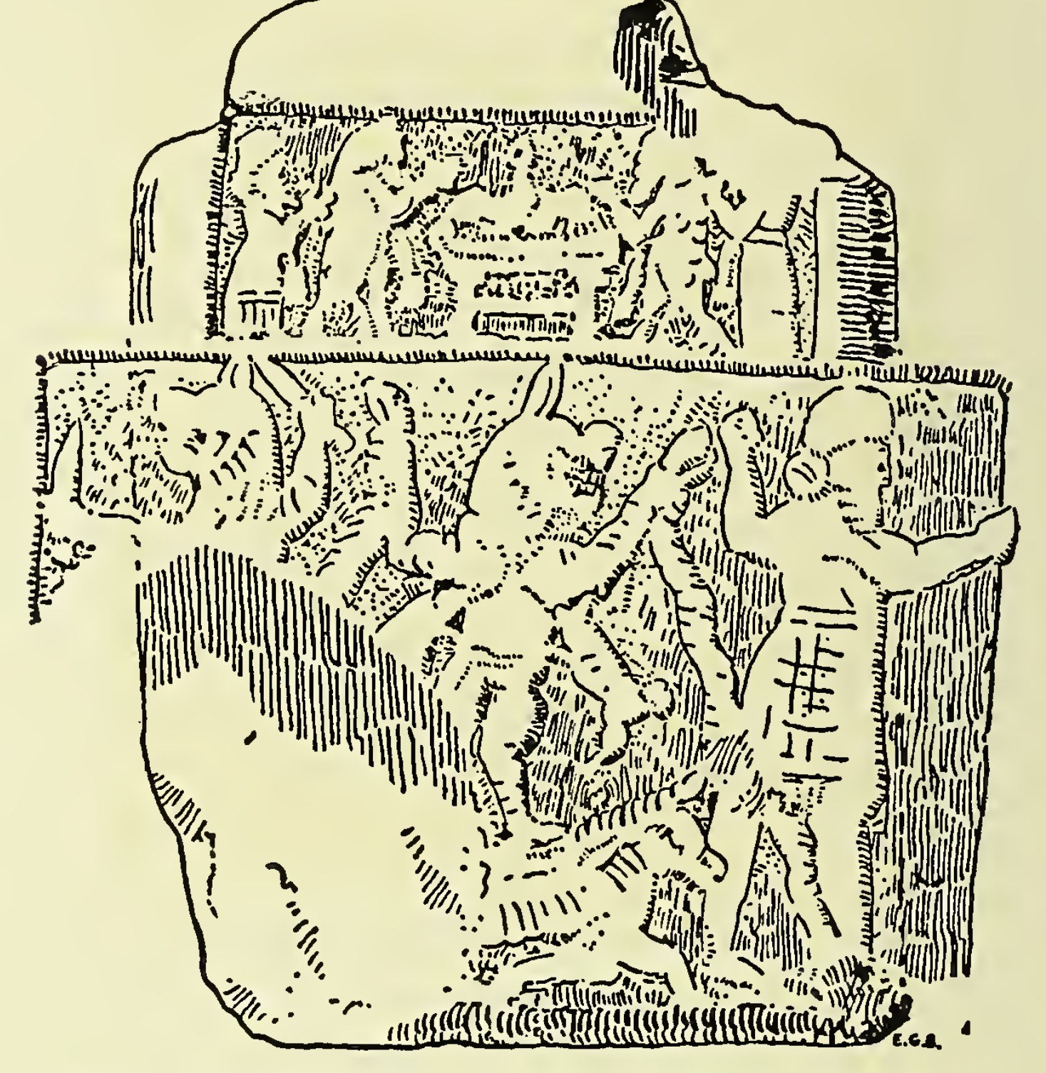 Line engraving of a Babylonian bronze exorcism amulet shown from the back: a tall arched plaque whose upper edge is overhung by the horned, dog-headed face of a demon peering down; below, stacked horizontal registers of ritual figures and vessels, and at the base the underworld, where the demoness Lamashtu with lifted arms is driven off across the water toward the land of the dead.
