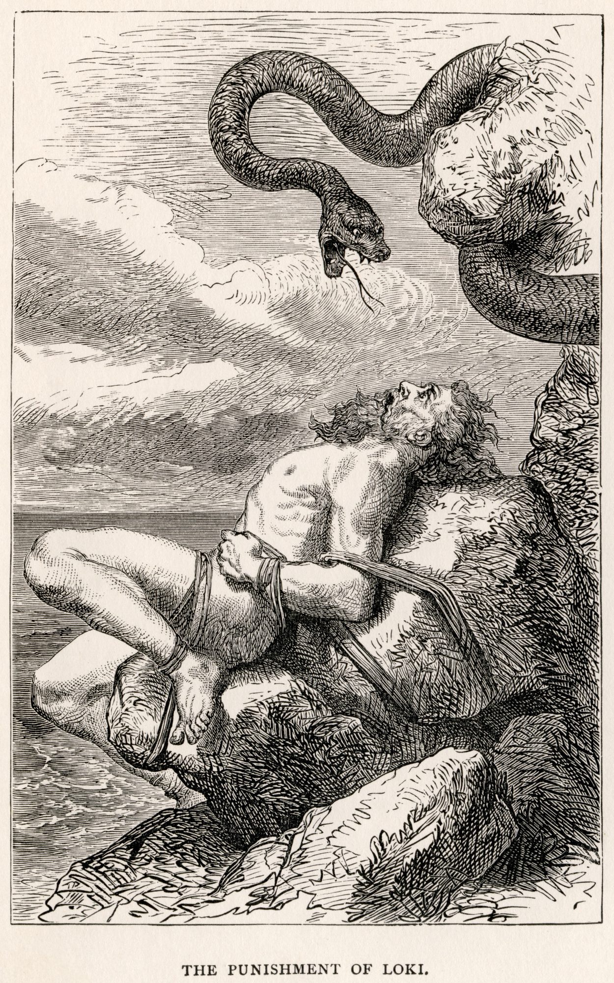 An illustration of Loki's punishment: the bound trickster lying beneath a serpent that drips venom on his face, his wife Sigyn beside him holding the catching bowl.