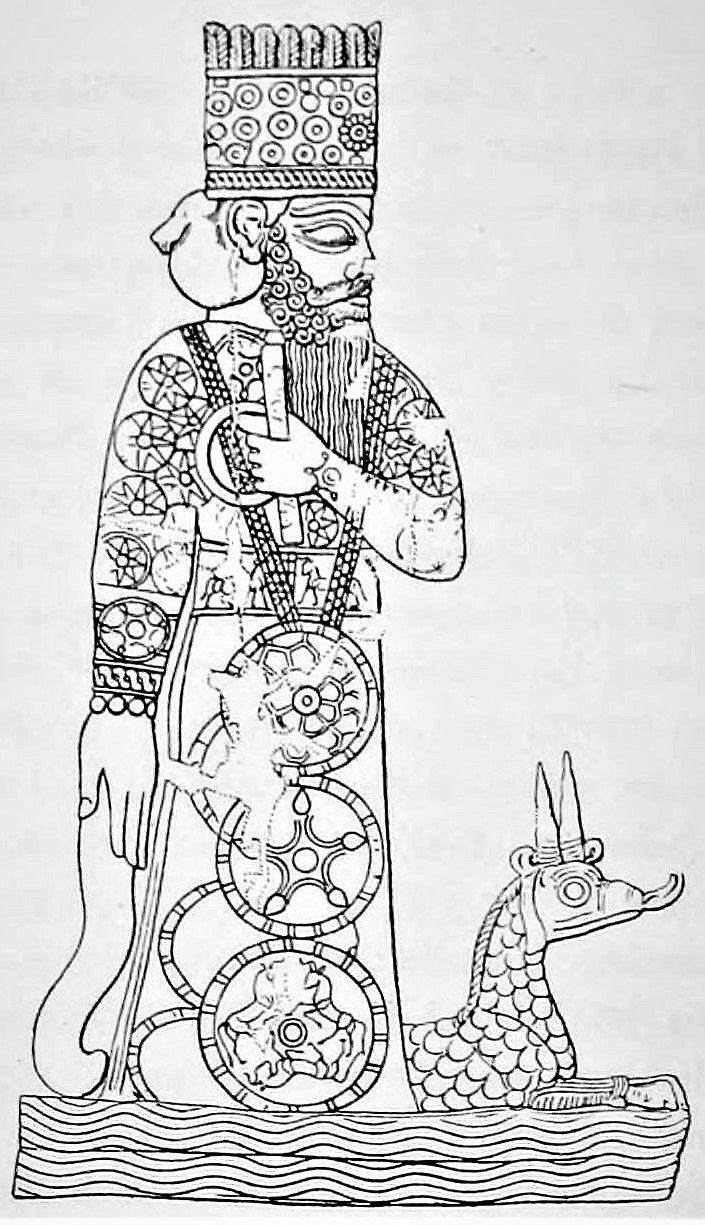 Line drawing of the Statue of Marduk: a bearded god in a tall crenellated horned crown and a long fringed robe covered in rosette-discs stands frontally, holding the ring-and-rod of kingship at his chest, while his scaled, horned snake-dragon (the mušḫuššu) crouches at his feet; both stand on a plinth of wavy lines — the split waters of the vanquished Tiamat.