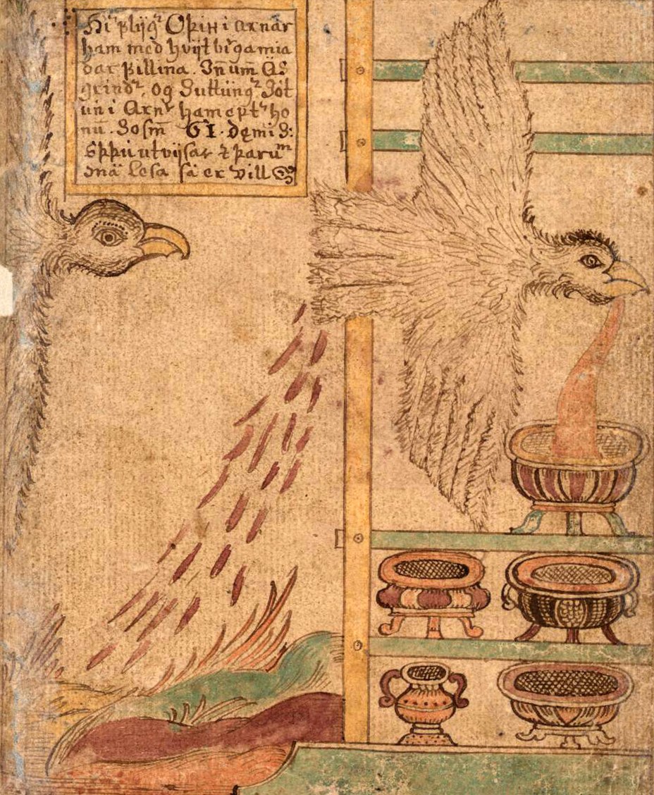 Icelandic Edda-manuscript illustration: Odin, in the shape of a great winged eagle, spews the stolen Mead of Poetry down into three ritual vessels ranged on a wooden frame, while the giant Suttung — also in eagle-shape — pursues at upper left and a stream of the escaped mead falls away below; a handwritten Icelandic caption box sits at top-left.