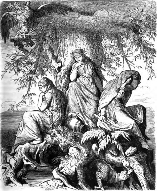 Wood-engraving of the three Norns beneath the world-ash Yggdrasil — three seated maidens in long robes under the great tree, an eagle perched in its crown above and a serpent and gnawing beasts coiling among the exposed roots below.