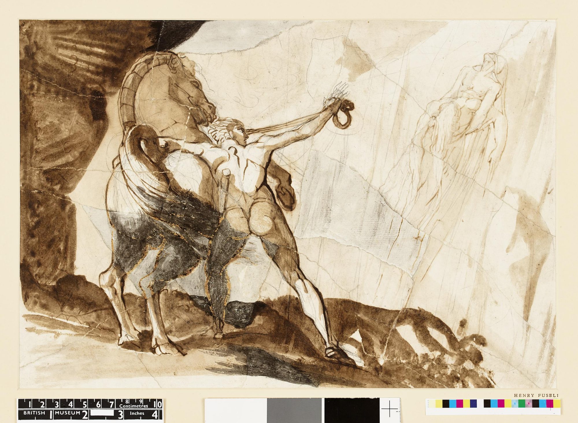 A romantic pen-and-ink drawing of Odin on his night-ride: the god in a wide-brimmed hat and cloak riding down toward the shadowy gate of Hel, his spear lowered.