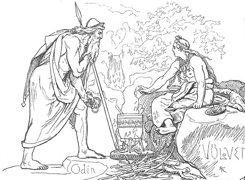 Pen-and-ink line engraving. At left the one-eyed Odin, in a winged cap and a long cloak, leans forward on his upright spear and his sword, his long beard falling; at right the seeress (the völva) sits on a fur-draped rock, one hand raised in speech, a shallow bowl in her lap; a steaming cauldron stands on a low fire between them, a leafy tree behind. The ground bears the incised labels "Odin" and "VÖLVEN".