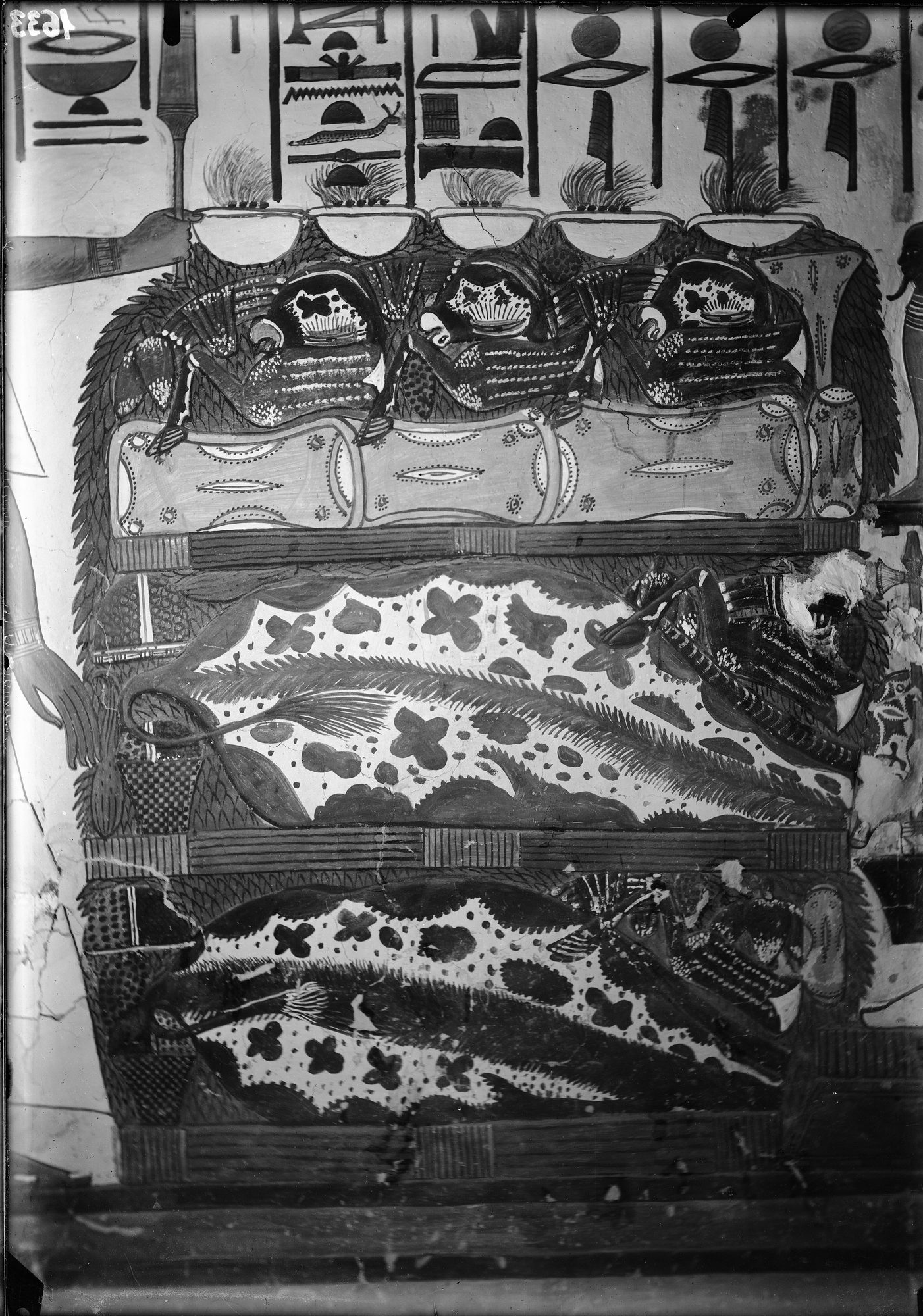 An ancient Egyptian tomb painting from the tomb of Nefertari: a great pile of offerings heaped before the seated god Osiris, Nefertari's invocation recorded in the hieroglyphs above.