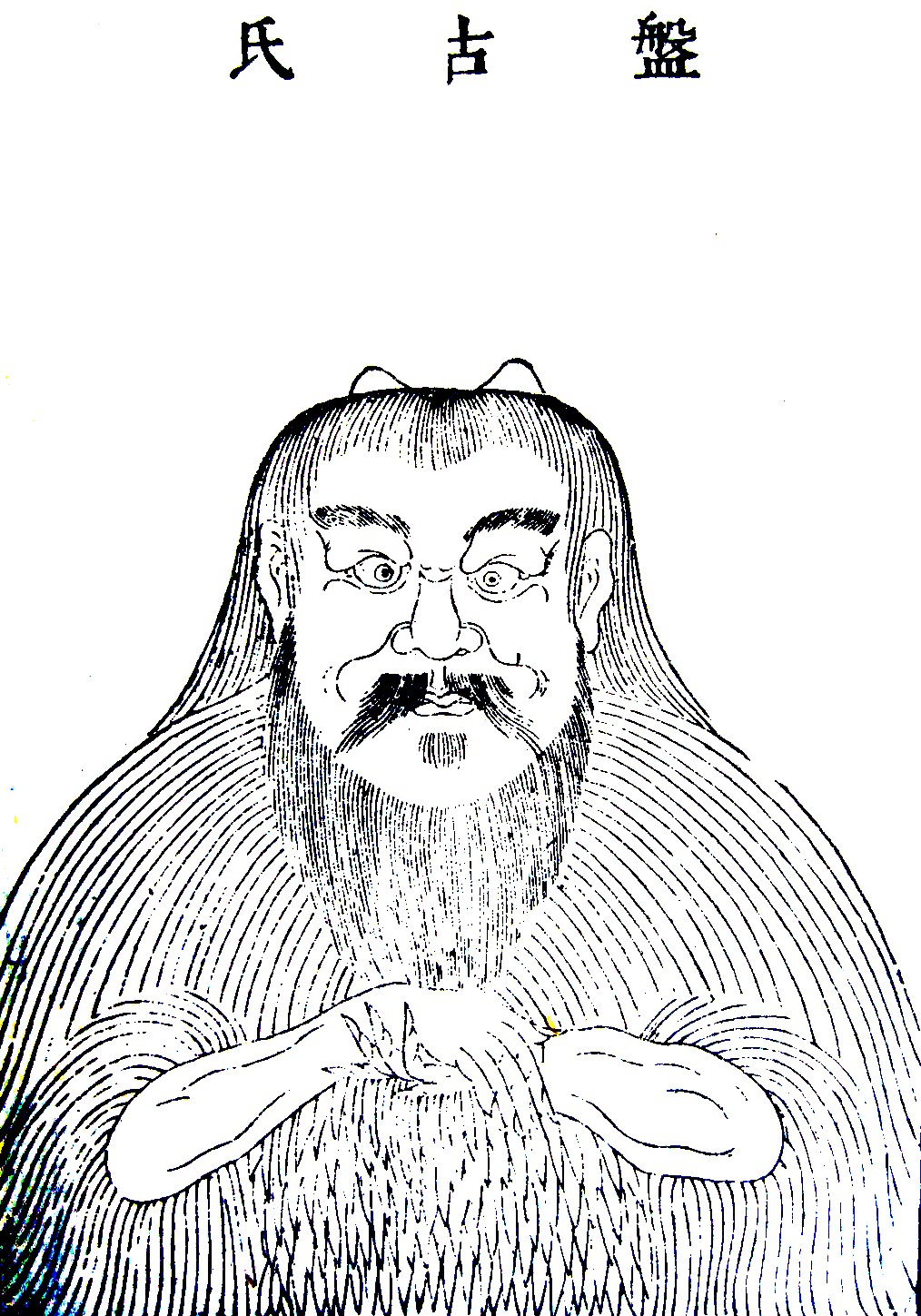 Woodblock line-portrait bust of Pangu (盤古氏): a wild-haired, bearded figure with two small horns and hands folded at his chest, robed in a dense pelt of fur-like line-work, the title 盤古氏 inscribed across the top. Late-Ming encyclopaedia illustration, not a depiction of the 3rd-century text.