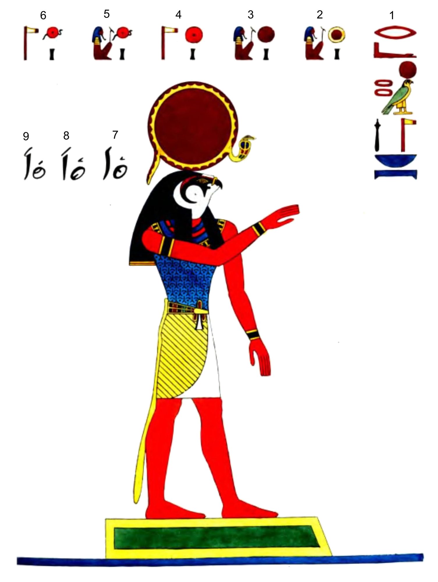 A hand-coloured lithograph plate of the sun-god Re: falcon-headed, crowned with the solar disk, striding in profile, from Champollion's Panthéon égyptien.
