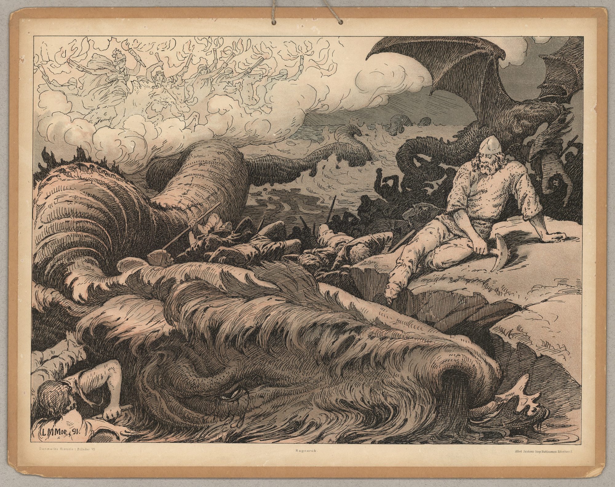 A colour lithograph of Ragnarok: the world consumed in fire and collision, figures and beasts falling amid a blazing sky, in Louis Moe's symbolist register.