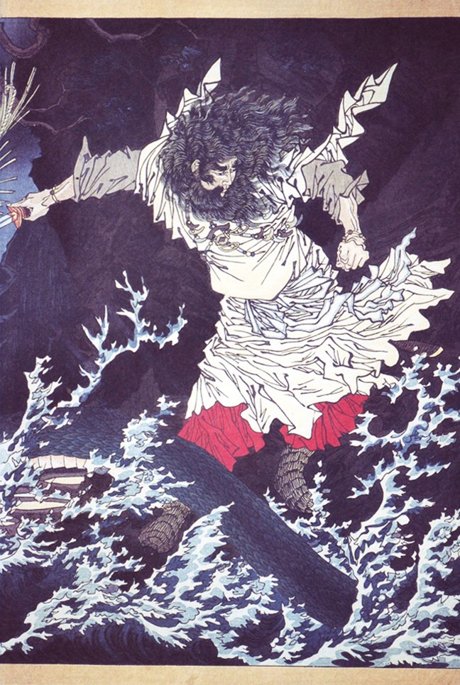 Japanese woodblock print of the storm-god Susanoo, wild-haired and bearded in a white robe over a red under-robe, striding through foaming waves with his arms flung wide and a sword gripped in his lowered left hand, in the moment of slaying the eight-headed serpent Yamata-no-Orochi at the River Hi in Izumo.