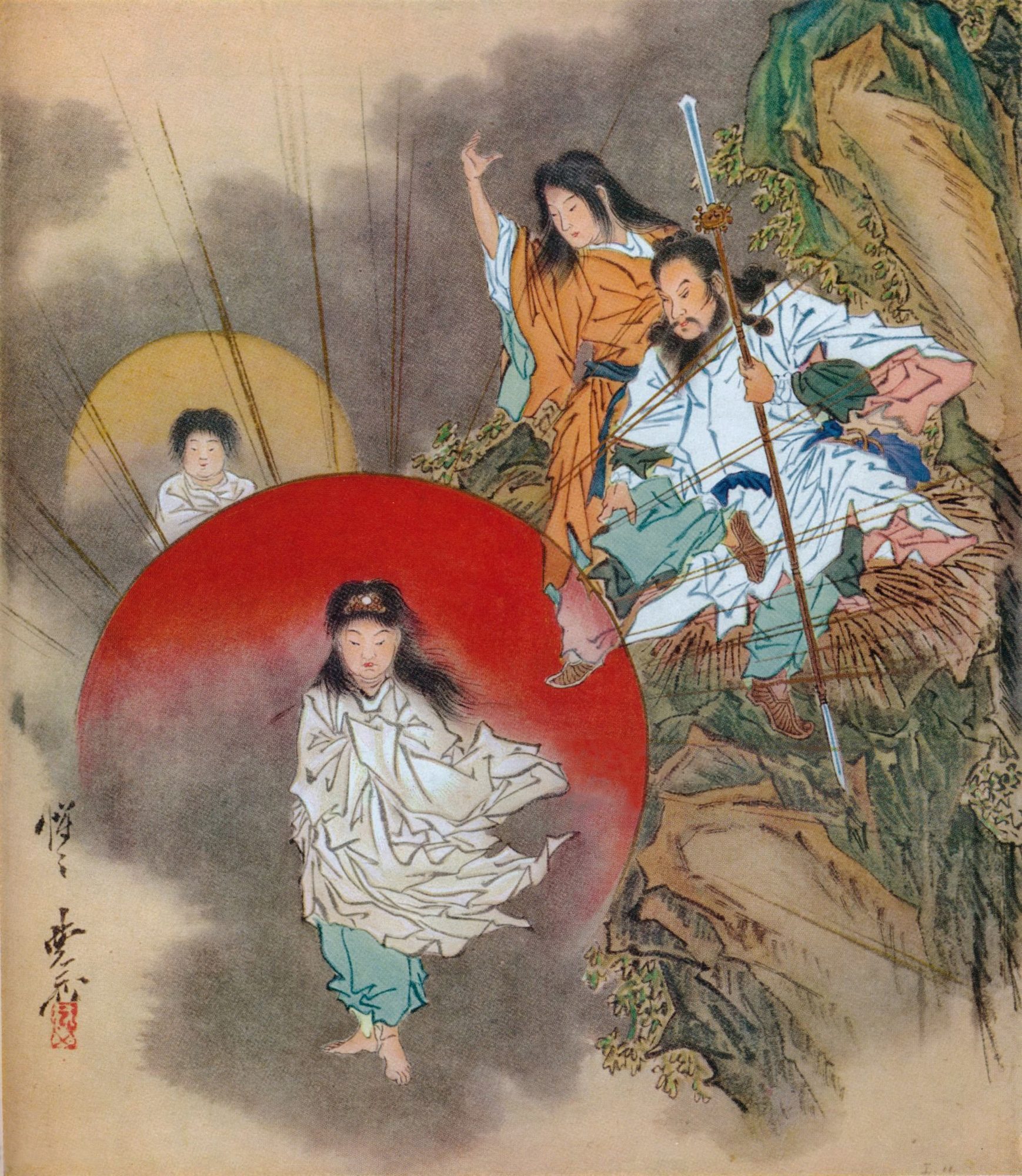 Richly coloured Japanese painting of the division of the cosmos among the first gods: the newborn sun-goddess Amaterasu rises white-robed inside a great red solar disc at the centre, a moon-child stands within a pale disc at the left, and on the heavenly cliff at the upper right the bearded creator-god Izanagi in white robes holds the heavenly jewel-spear beside the orange-robed goddess Izanami, whose arm is raised; grey cloud and streaming light fill the background.