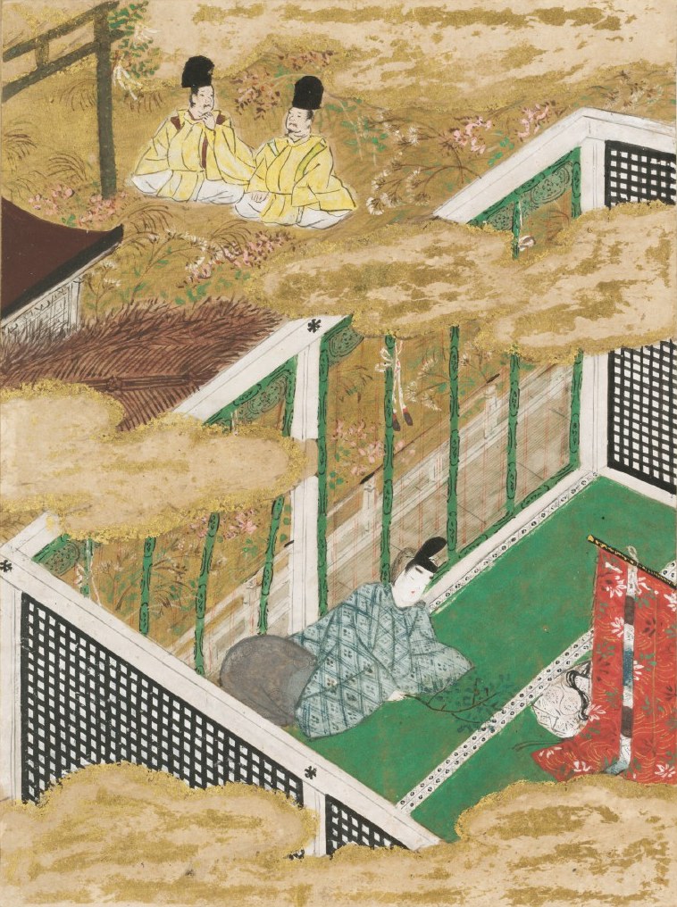 A Yamato-e album leaf in the bird's-eye style: two Heian courtiers in yellow robes seated in the autumn grasses beside a brushwood fence at the Nonomiya shrine in Sagano, gold cloud-bands drifting across the scene, and within a green-floored veranda screened by black lattice a court lady reclines in a diamond-patterned robe beside a red curtain-stand — the shrine-retreat where the Ise priestess and her mother waited before the journey to the Grand Shrine.