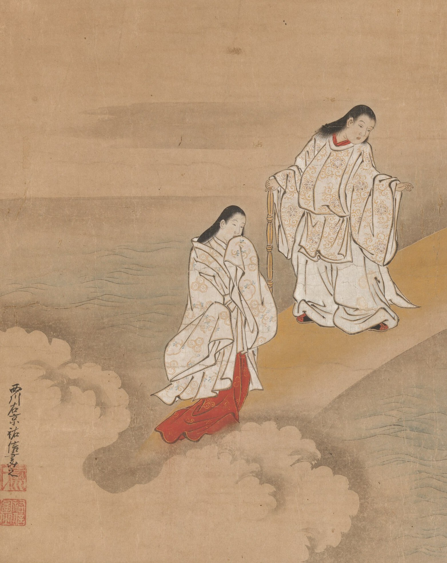 A quiet ink-and-colour painting of the two primordial deities on a golden cloud-bridge in the high heaven, the standing Izanagi in a gold-patterned white robe holding the heavenly jewelled spear and the kneeling Izanami in white over a red under-robe beside him, the pale primordial sea stretching below them and a wave-fringed shore appearing at the lower right, evoking the sanctioned coming-down between the upper tiers of the three-storey cosmos.