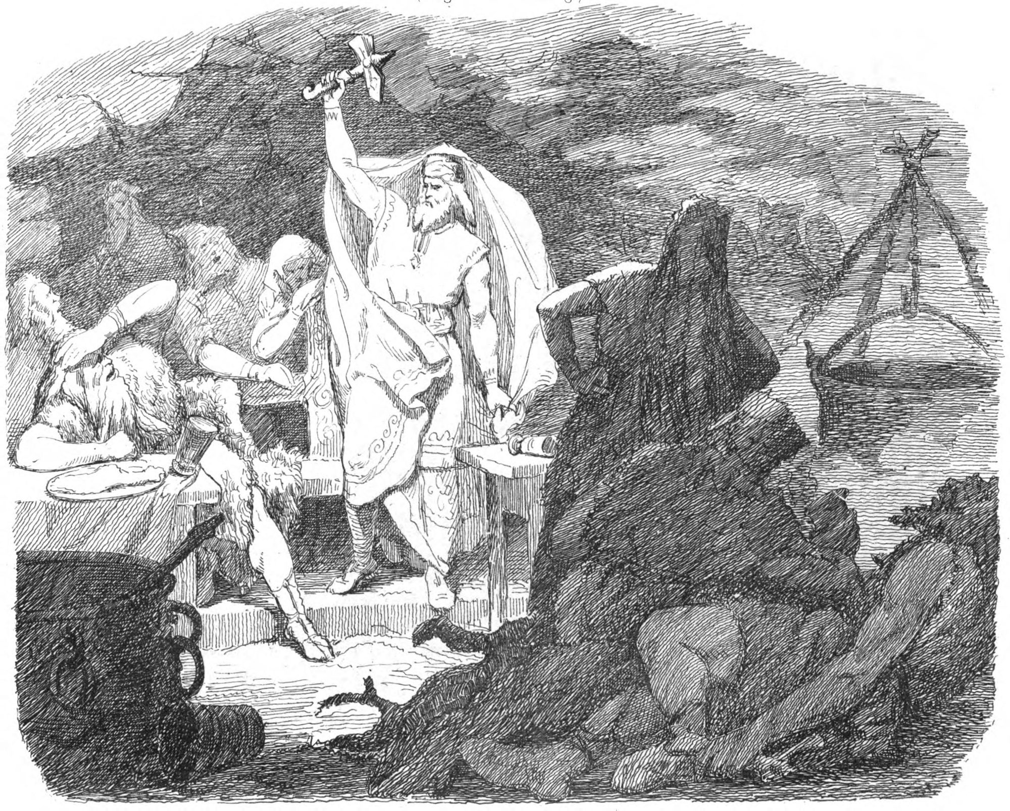 A lithograph of Thor regaining his hammer: at the forced wedding the god seizes Mjöllnir from the giant Thrym, the bride's veil still about him, Loki at his side.