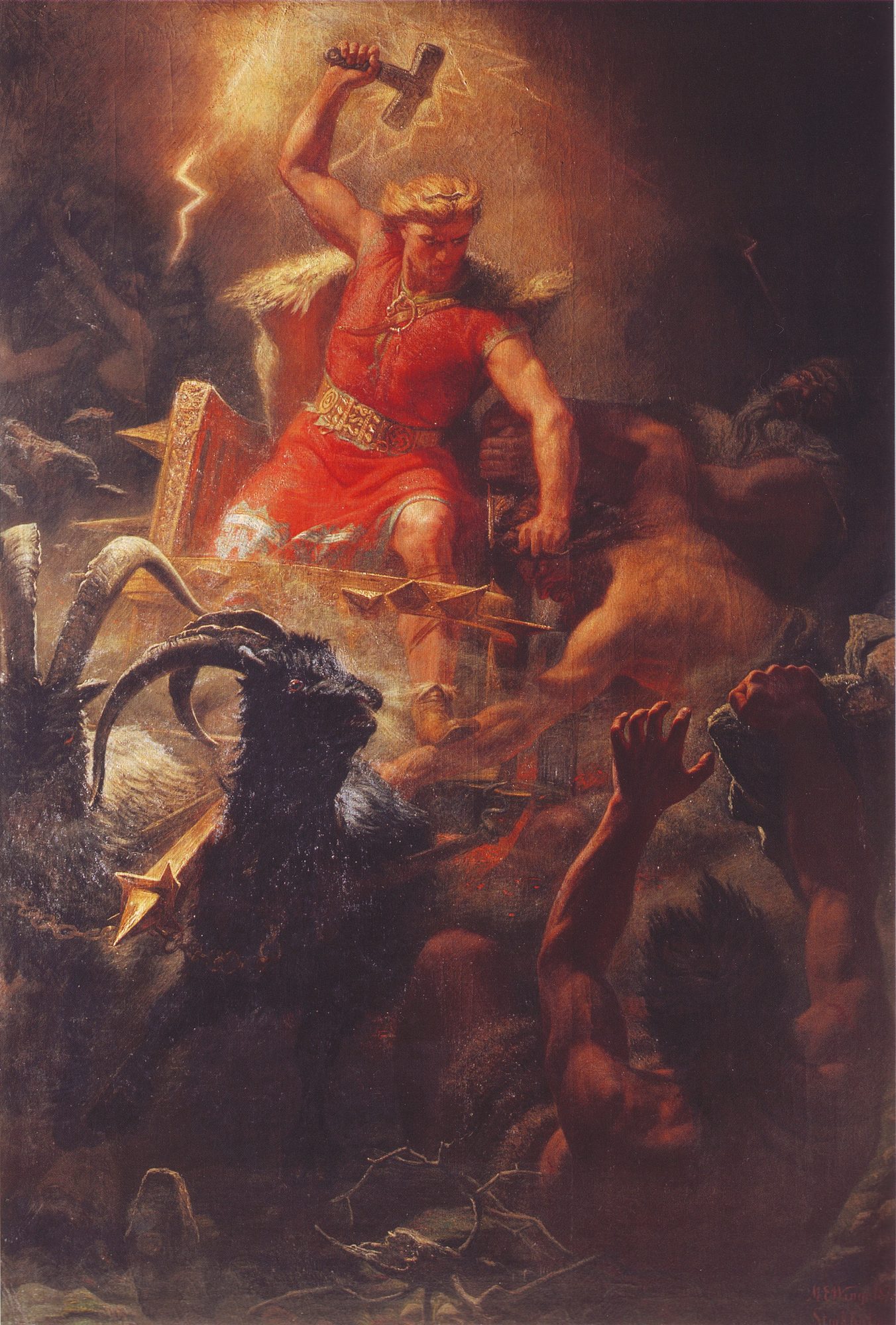 An oil painting of Thor in his goat-drawn chariot, red-bearded and mail-shirted, swinging his hammer Mjöllnir against a mass of charging giants under a storm sky.