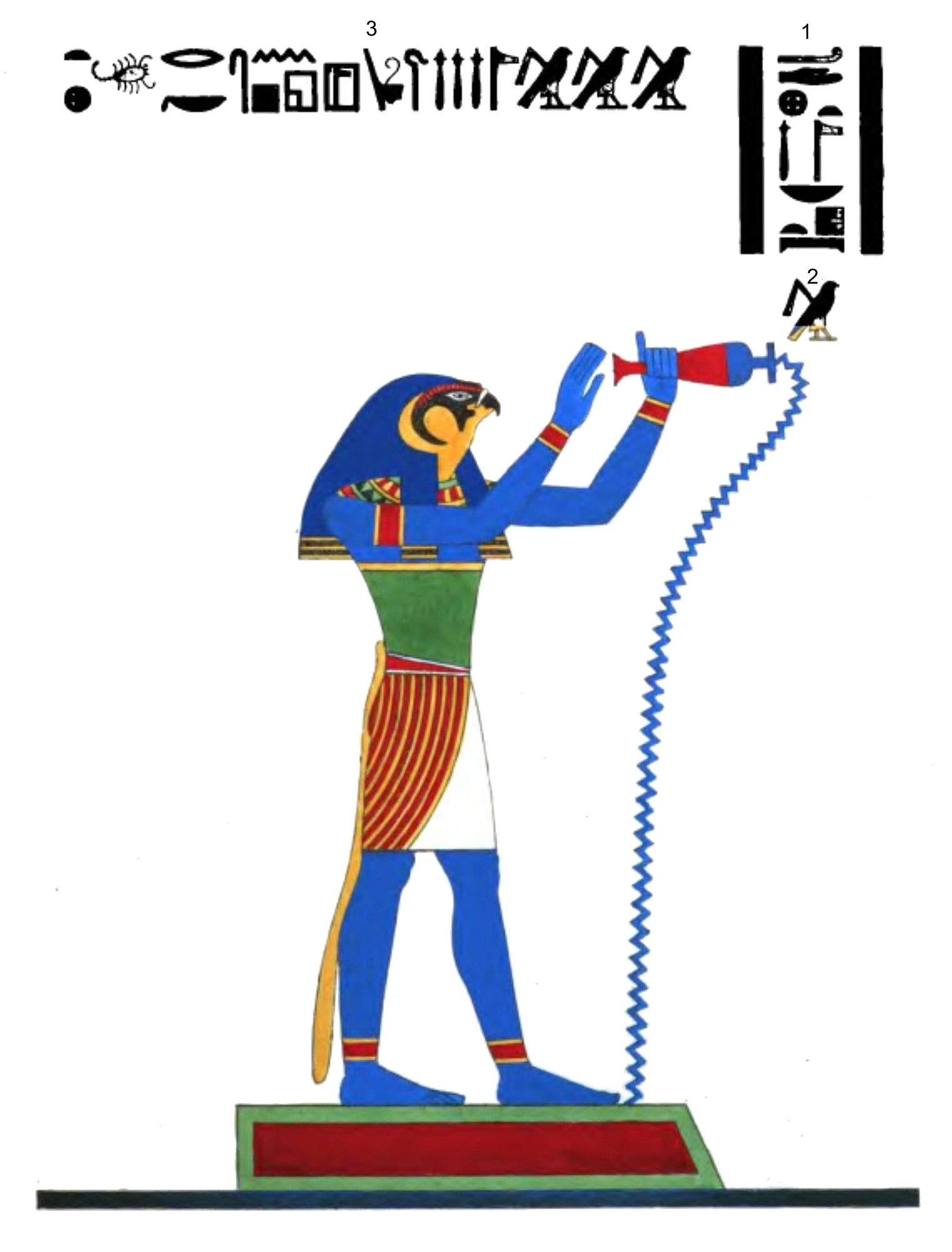 A hand-coloured lithograph plate of Thoth trismégiste: the ibis-headed god of writing standing in profile with a writing palette, from Champollion's Panthéon égyptien.