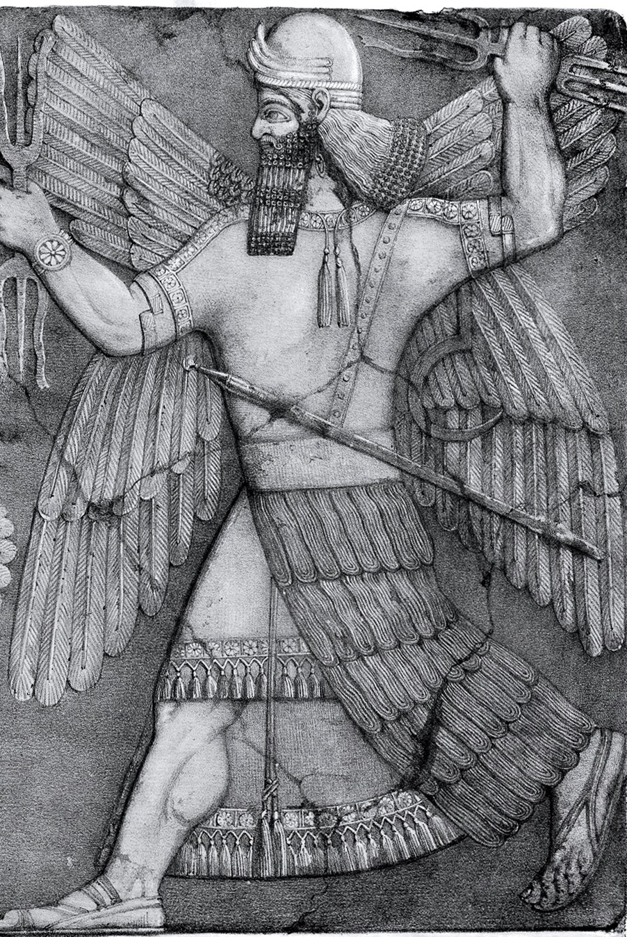 Neo-Assyrian carved stone relief: a four-winged, helmeted and bearded storm-god strides forward brandishing thunderbolts, the deity who in the tradition slays the chaos-monster Tiamat.