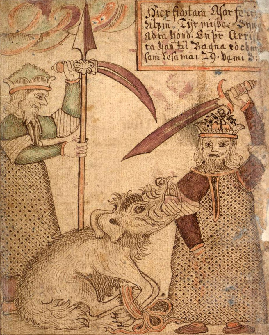 An 18th-century Icelandic manuscript illustration of the binding of Fenrir: at right the crowned god Týr, sword raised in one hand, his other hand thrust into the jaws of the great wolf, which bites down on it; the wolf Fenrir crouches at centre; at left a second crowned god of the Aesir holds a spear and a curved fetter; a handwritten caption box sits at the upper right.