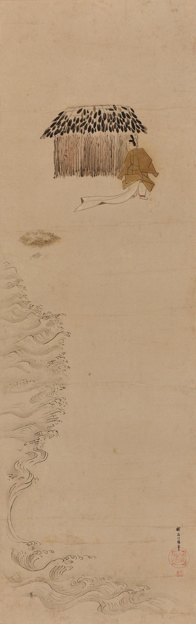 Japanese hanging-scroll painting in ink and colour on paper: at the tide-line a birth-hut roofed with black cormorant feathers over unfinished reed walls, a courtly figure in a golden-brown robe with a long trailing white train walking beside it; below, a small tuft of rushes and a long stream of stylised waves descending to the sea-edge; the artist's signature and red seal at lower right.