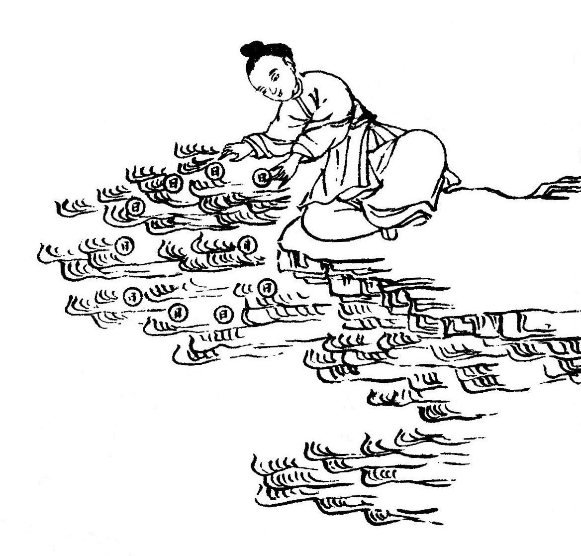A traditional Chinese line drawing of the solar goddess Xihe kneeling at the water's edge and bathing the suns. She reaches both hands down into a gulf where the ten suns, each drawn as a small disc marked with the character 日 (sun), ride crested waves that fan out across the lower field; her hair is gathered in a topknot and she wears a long flowing robe.