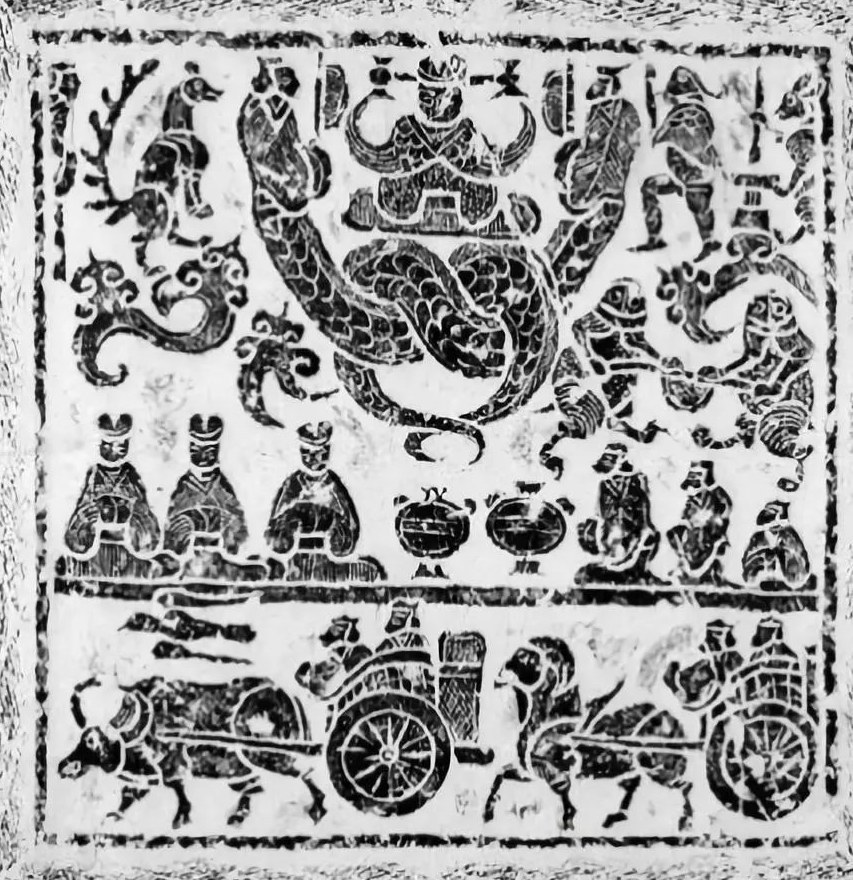 Ink rubbing of an Eastern Han carved stone tomb relief: the Queen Mother of the West sits frontally on a throne formed of a dragon and a tiger whose scaled bodies coil out beneath her, flanked by birds, a nine-tailed creature and attendants; below, rows of kneeling worshippers and offering vessels, and at the base an ox-cart and a horse-drawn chariot procession, all within a carved rectangular border.