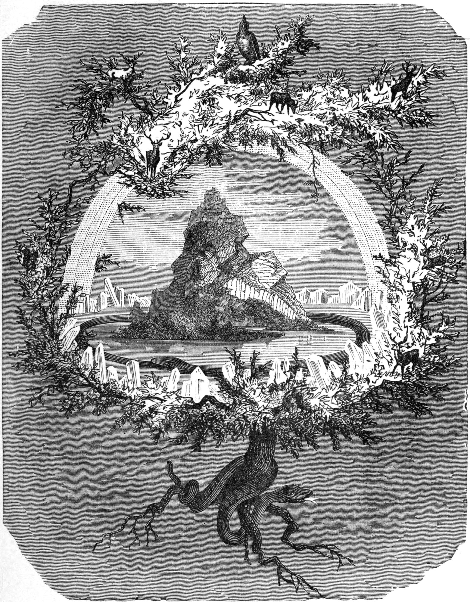 A 19th-century wood-engraving of the world-ash Yggdrasil seen whole: an eagle perched at the crown among the upper branches with four stags browsing the foliage, the central world encircled by the rainbow Bifröst and a ring of water, and the serpent Níðhöggr coiling among the exposed roots at the foot of the tree.