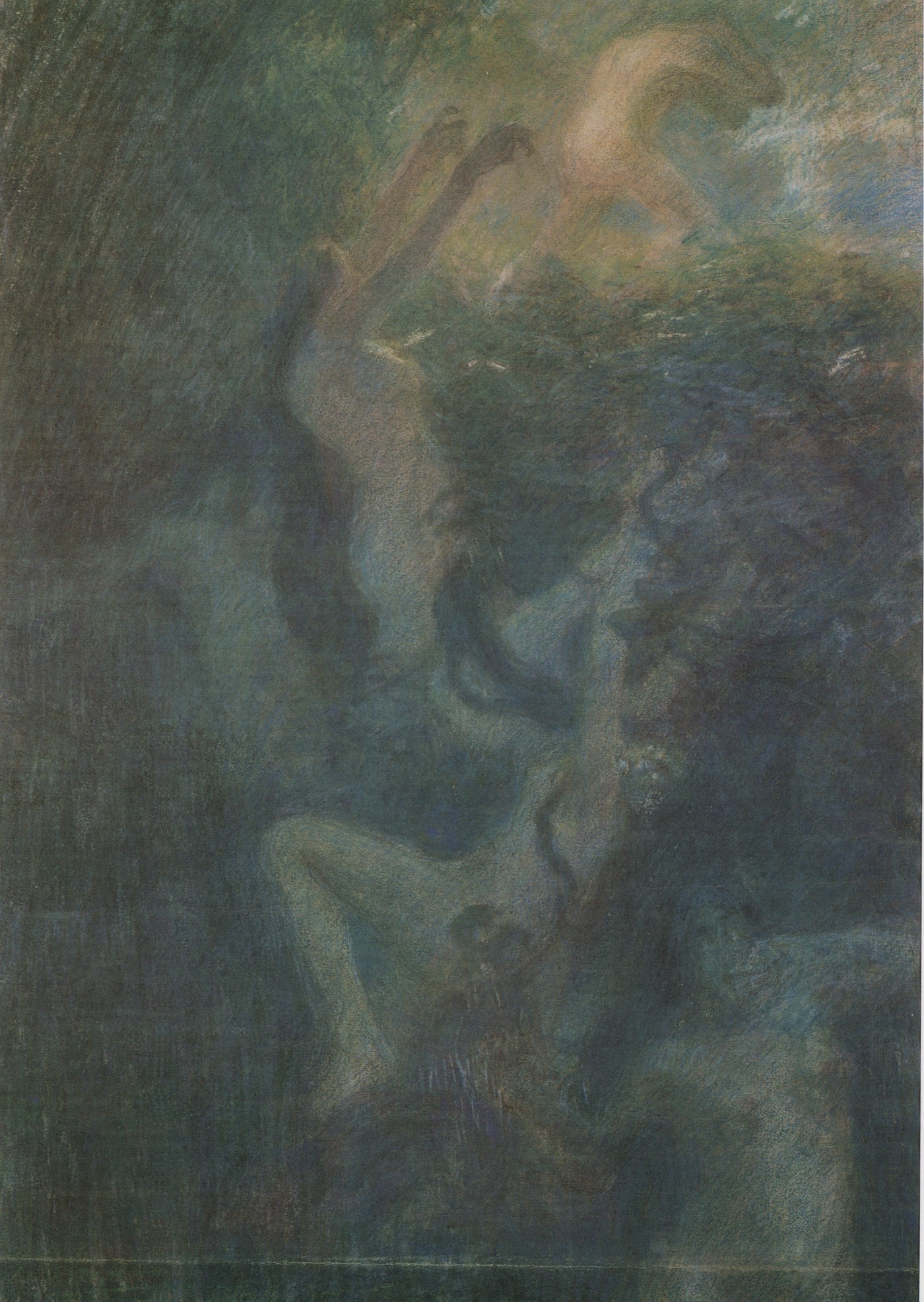 A dim blue-green watercolour of the Even Pass of Yomi. Pale, ghostly nude figures climb and struggle up out of the murky underworld dark: a lit figure escapes toward the upper right while others reach and clamber below, half-dissolved into the gloom of the pass between the living and the dead.